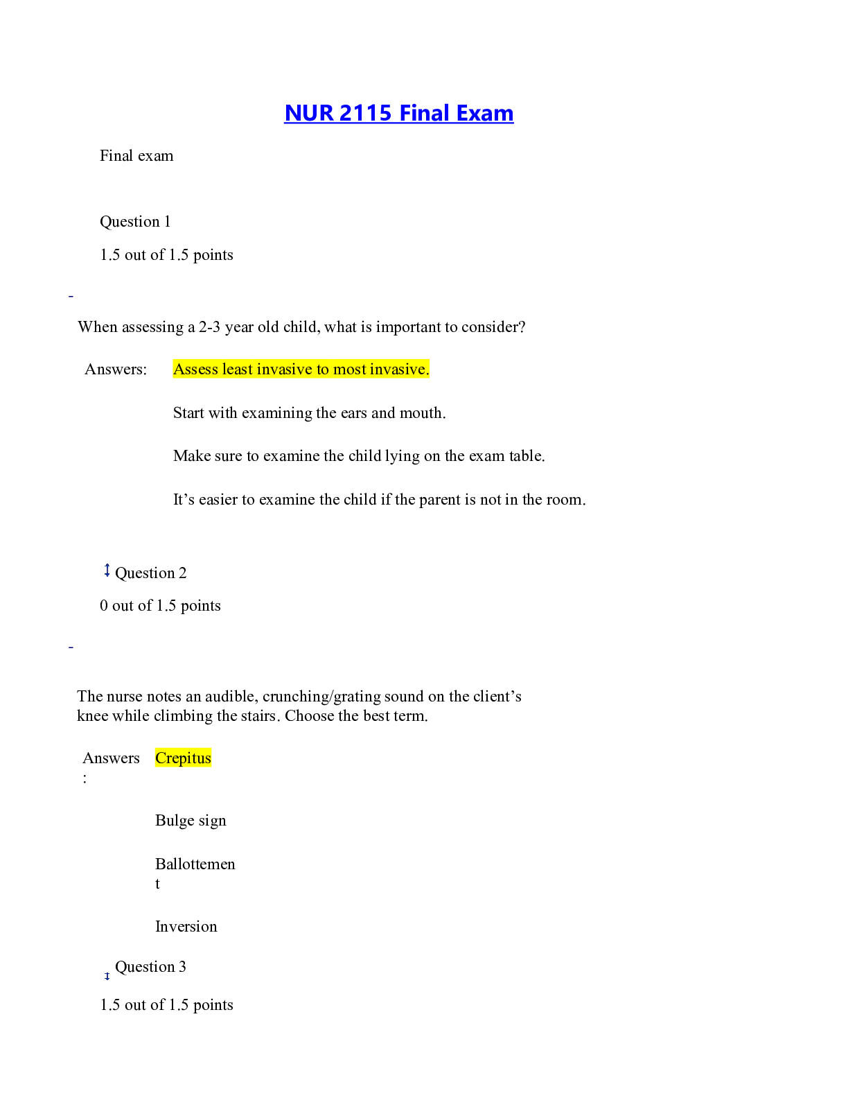 Preview image of NUR 2115 Final Exam document